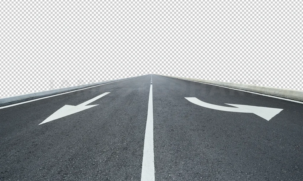 
Asphalt road showing directional arrows on white background