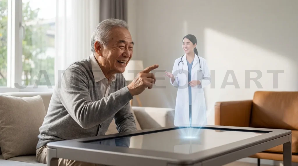 
Senior man laughing seeing holographic doctor from home