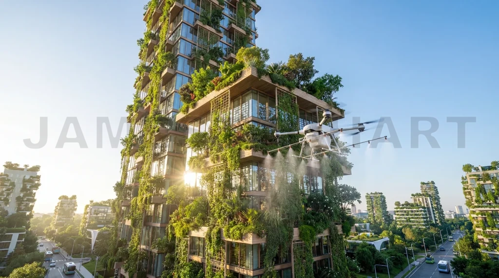 
Drone spraying vertical garden on sustainable building