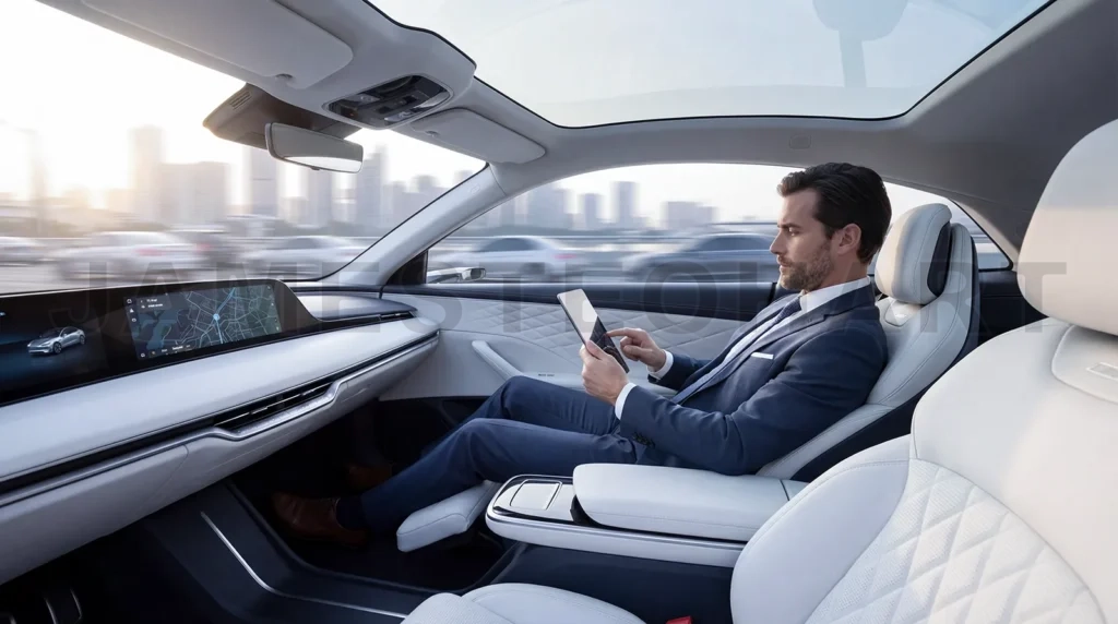 
Businessman enjoying ride in self-driving autonomous vehicle