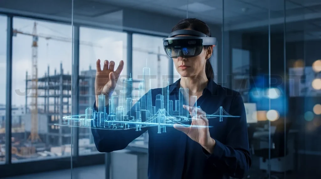 
Engineer using augmented reality headset projecting city hologram