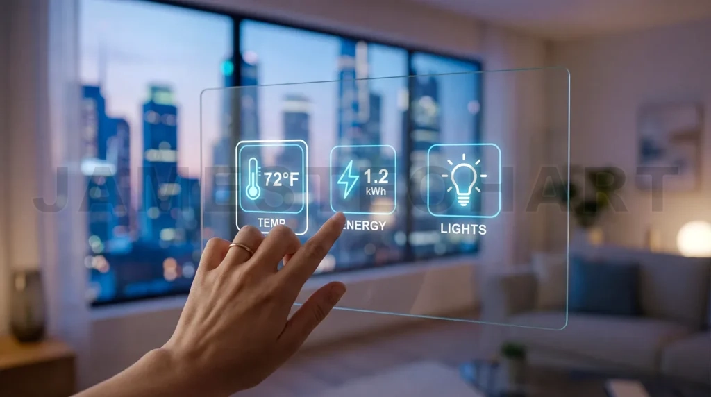 
Smart home system managing energy and temperature in modern apartment