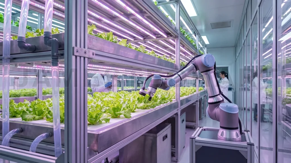 
Robotic arm assisting vertical hydroponic farm agriculture