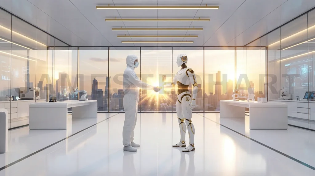 
Human scientist and robot partner collaborating in research lab