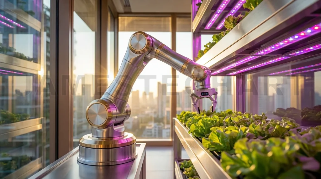 
Robotic arm working in urban vertical farm cultivating lettuce