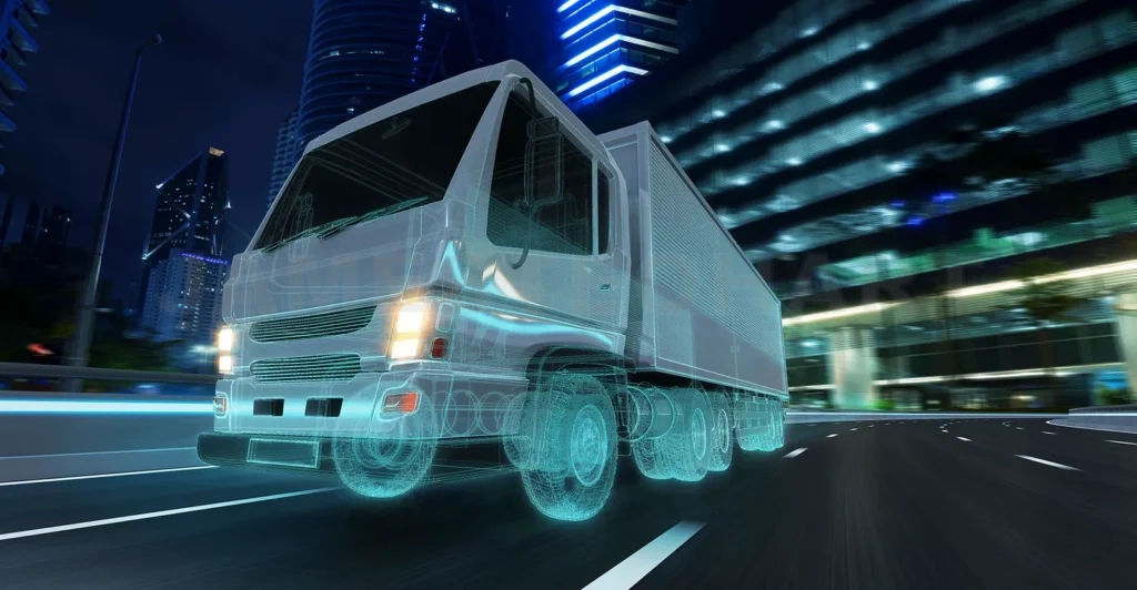 
Futuristic wireframe truck speeds through a digital neon city night