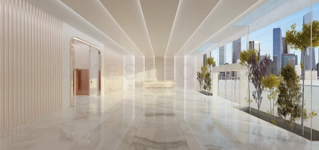 
Contemporary reception area with dramatic lighting and stunning city views