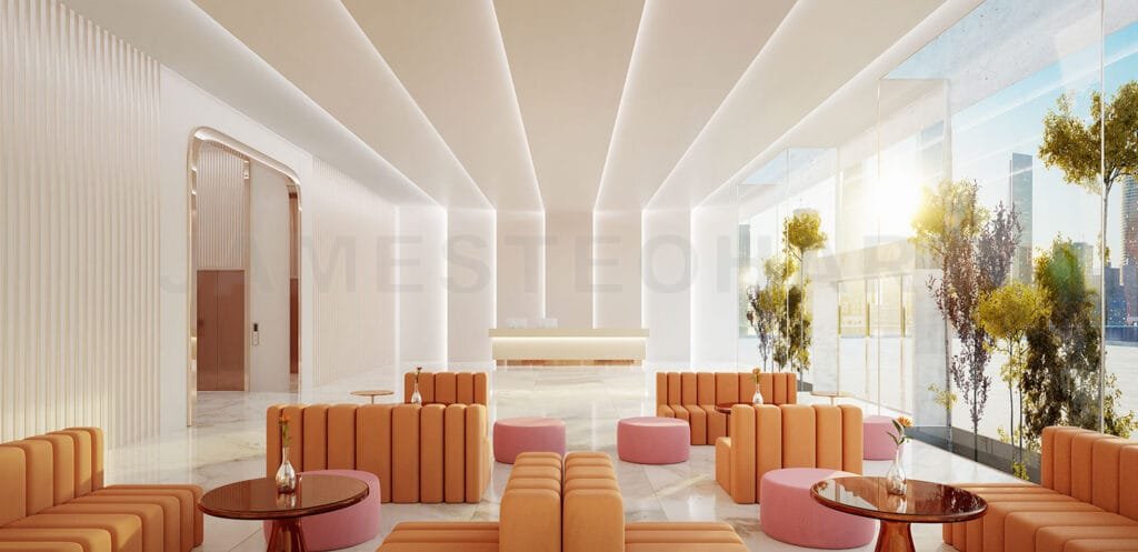 
Minimalist reception hall featuring vertical lighting and city views