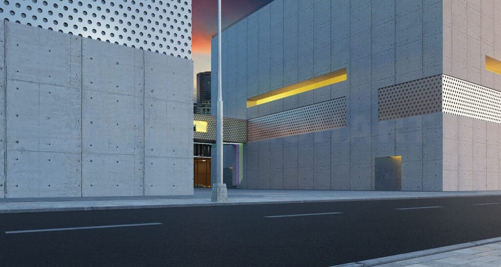 
Modern concrete architecture illuminates a brutalist city street at twilight