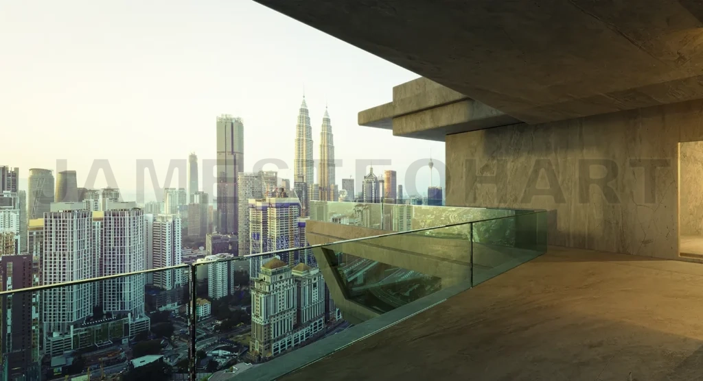
3D rendering cityscape view in balcony outside office glass rail