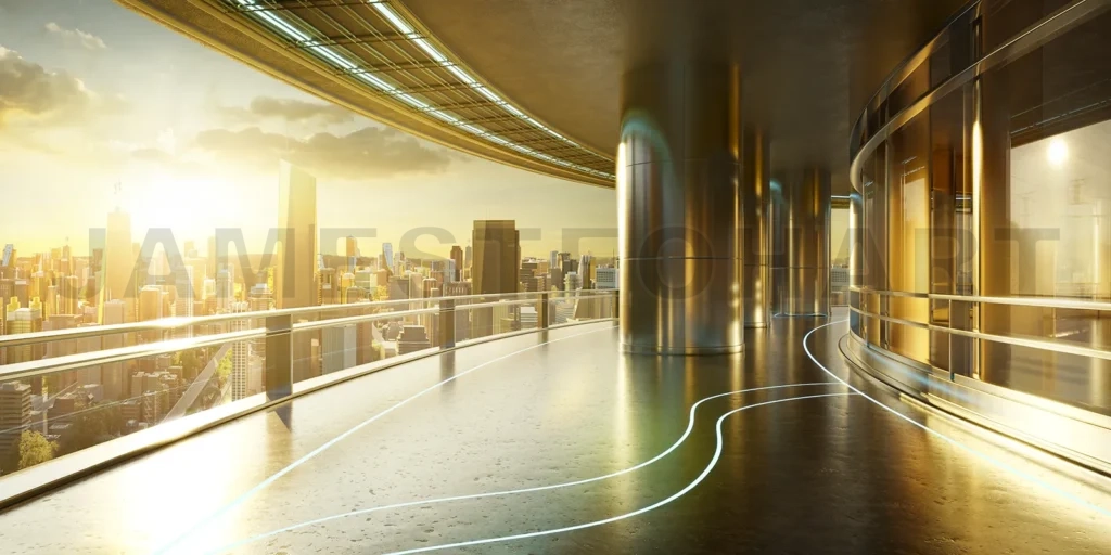 
3D futuristic curved shapes design metal facade office exterior