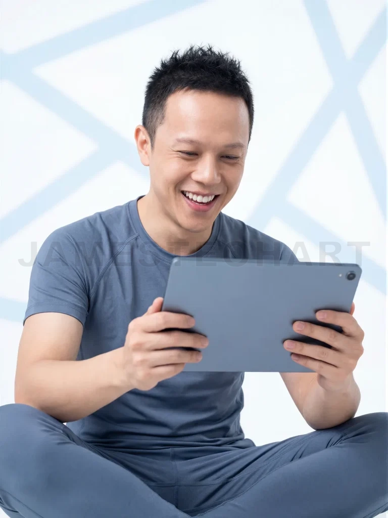 
Asian man smiling using tablet relaxing indoors