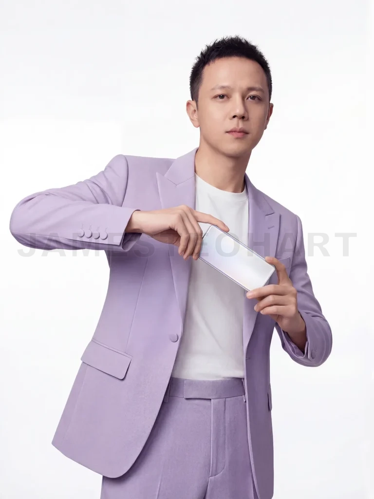 
Man in lavender suit confidently holds smartphone
