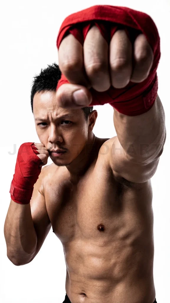 
Determined fighter striking forward with wrapped hands