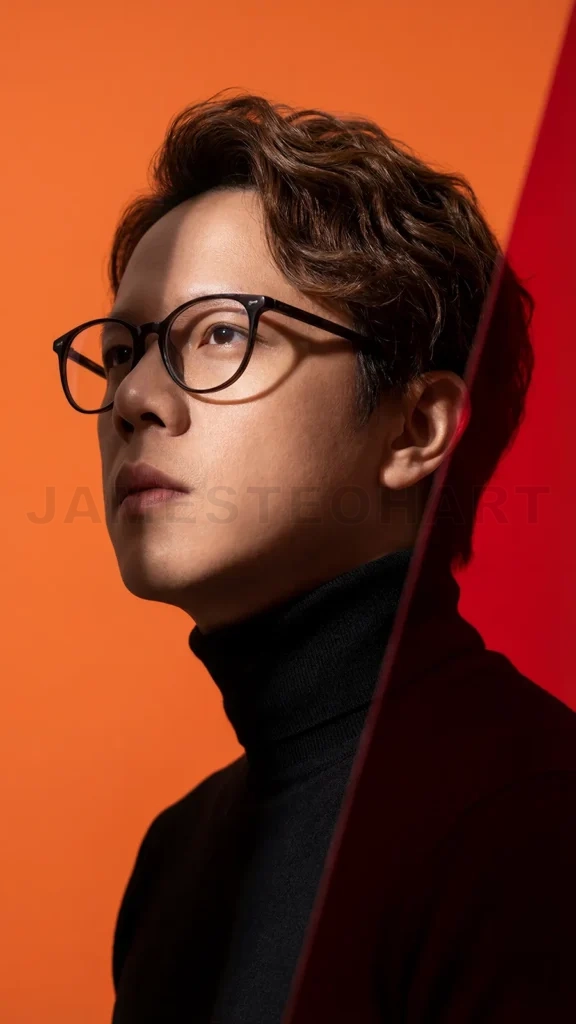 
Asian man in glasses looking up with hope