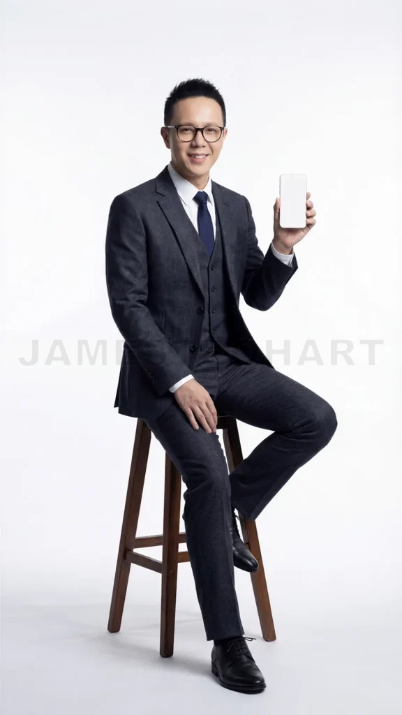 
Businessman sitting on stool holding blank smartphone