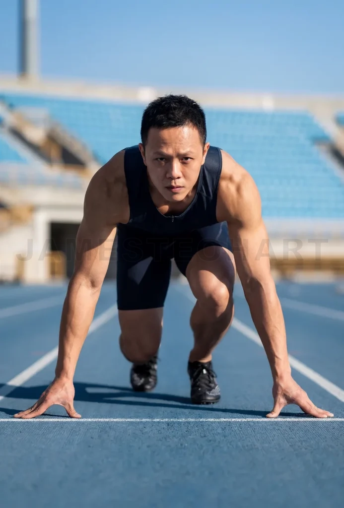
Athlete preparing for sprint race on a blue track
