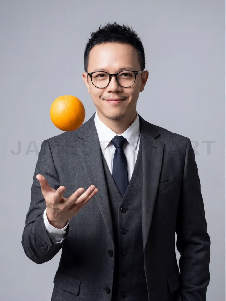 
Businessman levitating orange showing creative thinking