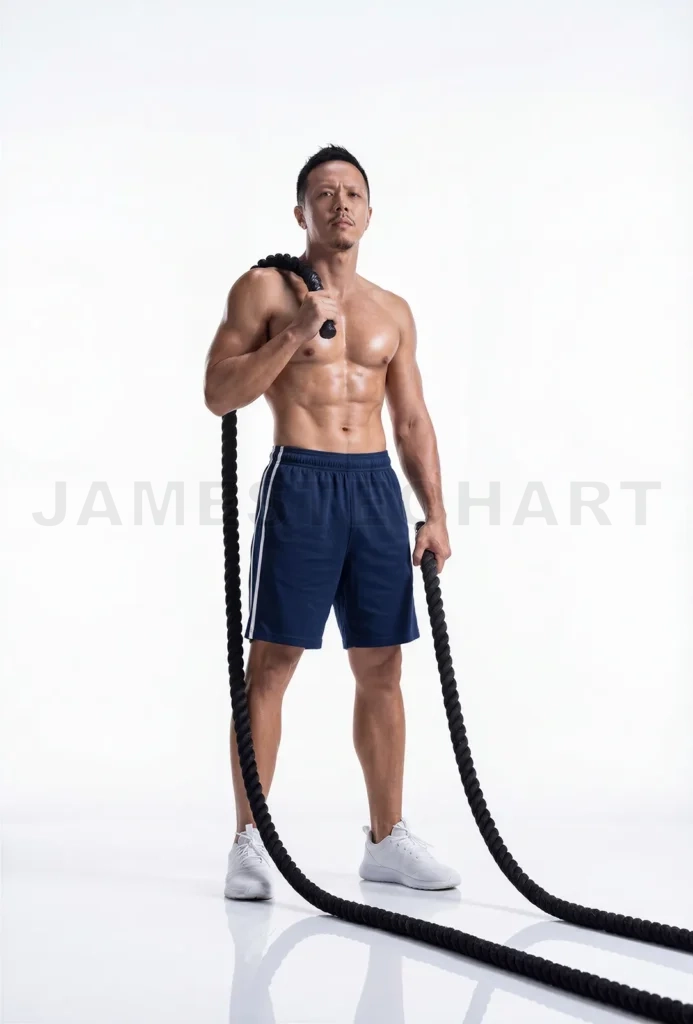 
Muscular man training with battle ropes for fitness