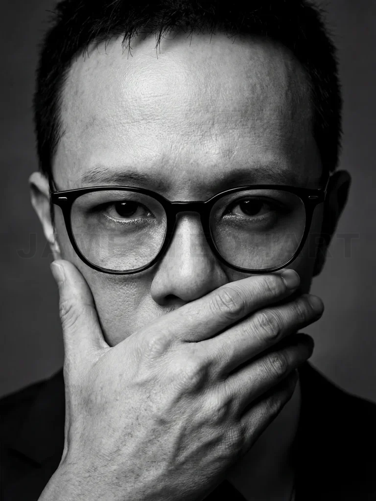 
Man in glasses covering mouth with hand