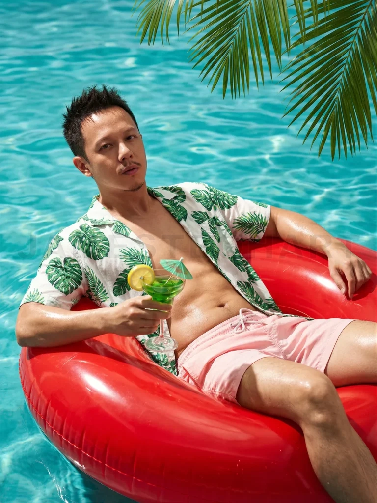 
Man relaxing on floatie enjoying tropical cocktail