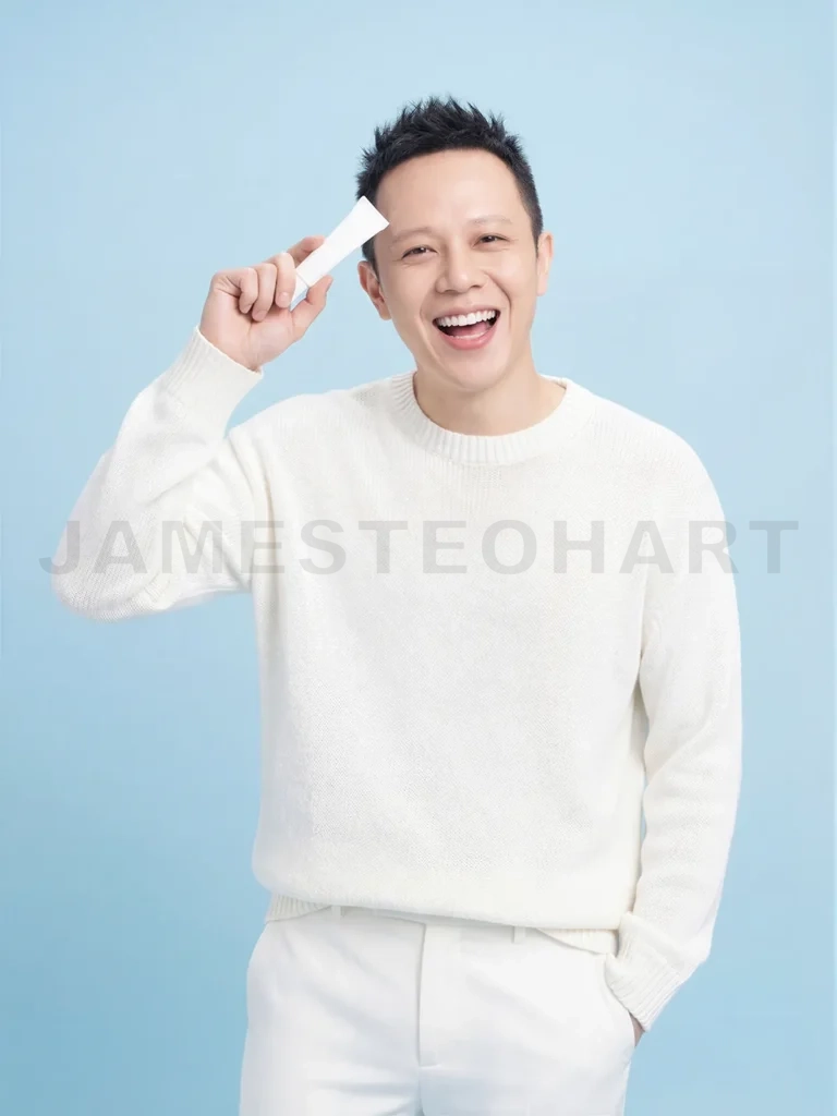 
Smiling man presenting men’s skincare product tube