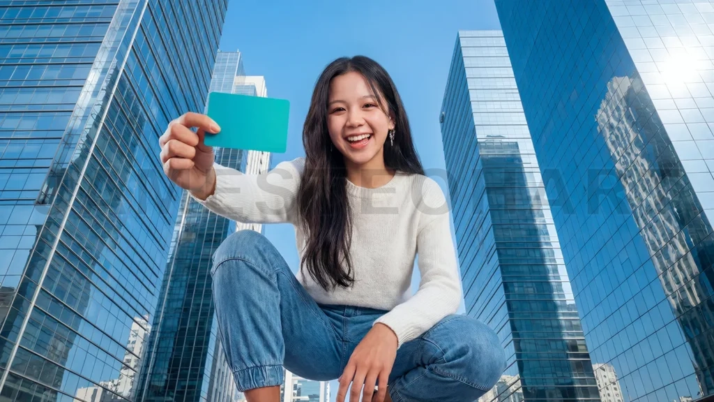 
Asian Professional Holding Credit Card City Background