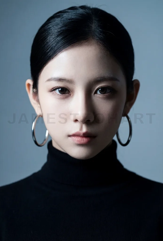 
Young woman posing in black turtleneck and hoop earrings