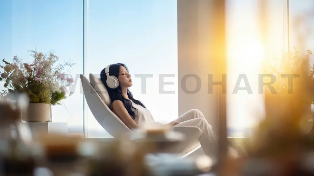 
Woman relaxing with headphones enjoying music and sunshine