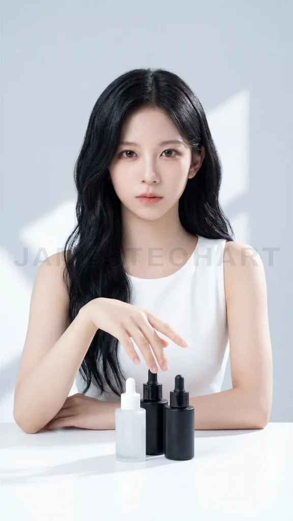 
Woman presenting skincare serum bottles for beauty routine