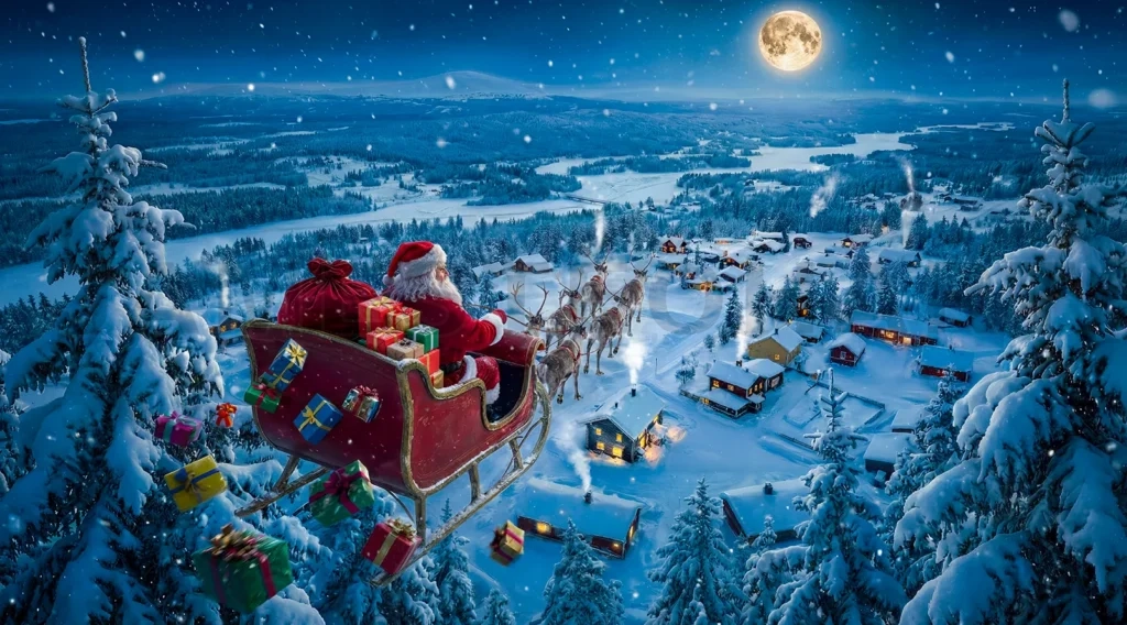
Santa claus flying over village carrying gifts at night