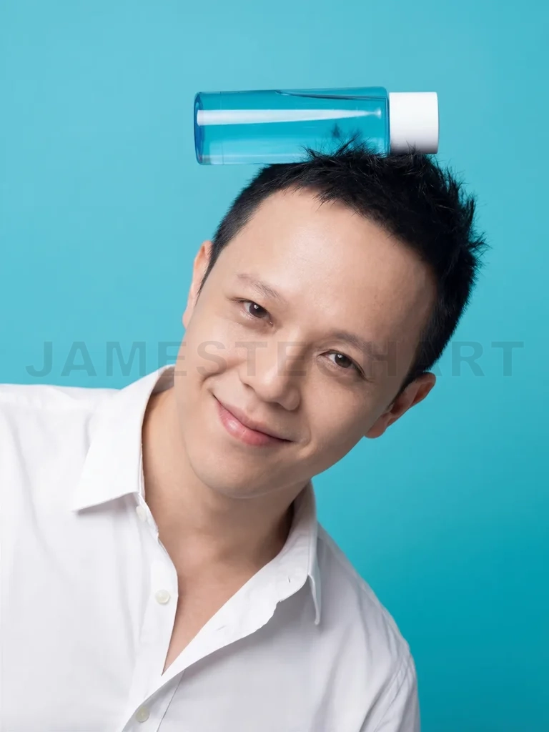
Man balancing skincare product on head, smiling