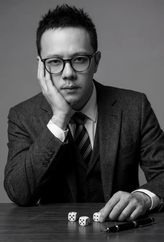 
Serious businessman contemplating strategy with dice