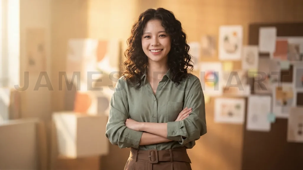 
Creative Asian Professional Holding Camera Smiling