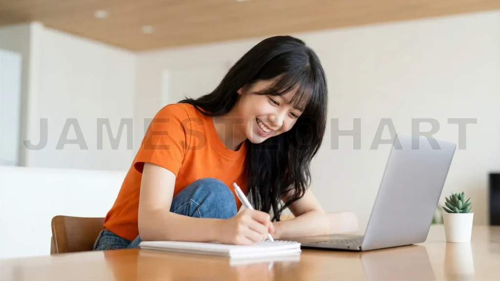 
Asian Female Student Writing on Bright Campus