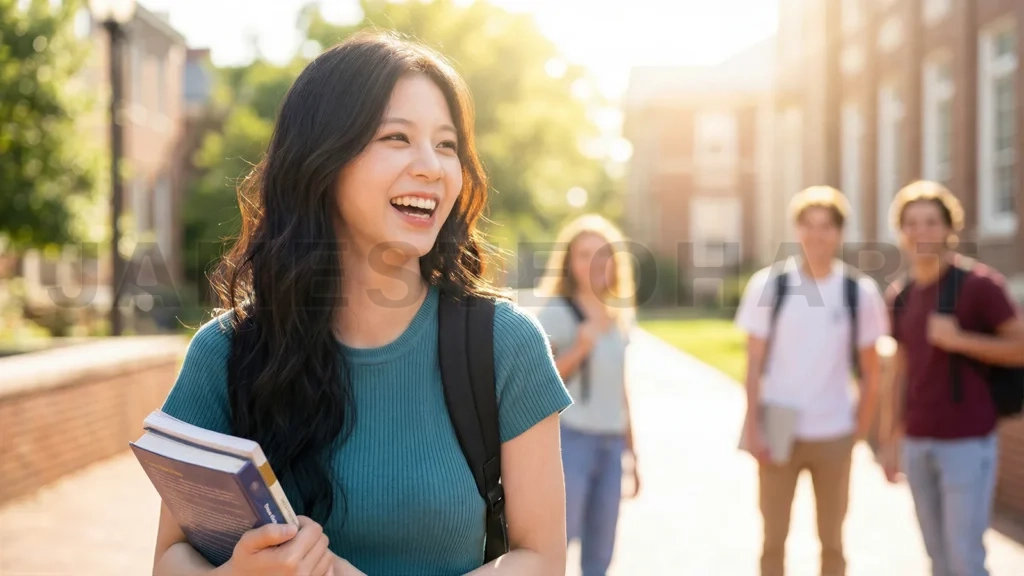 
Asian Student with Backpack Walking on Campus
