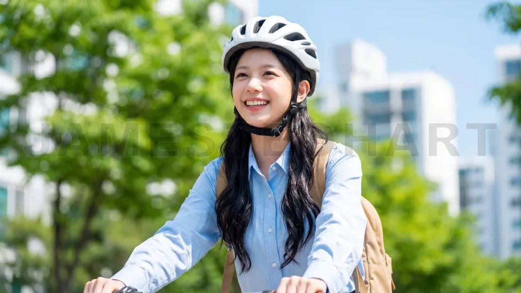 
Asian Woman Cycling Through Modern City Campus
