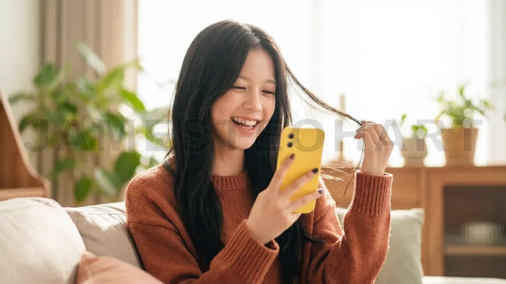 
Young Asian Woman Smiling with Smartphone Social Media