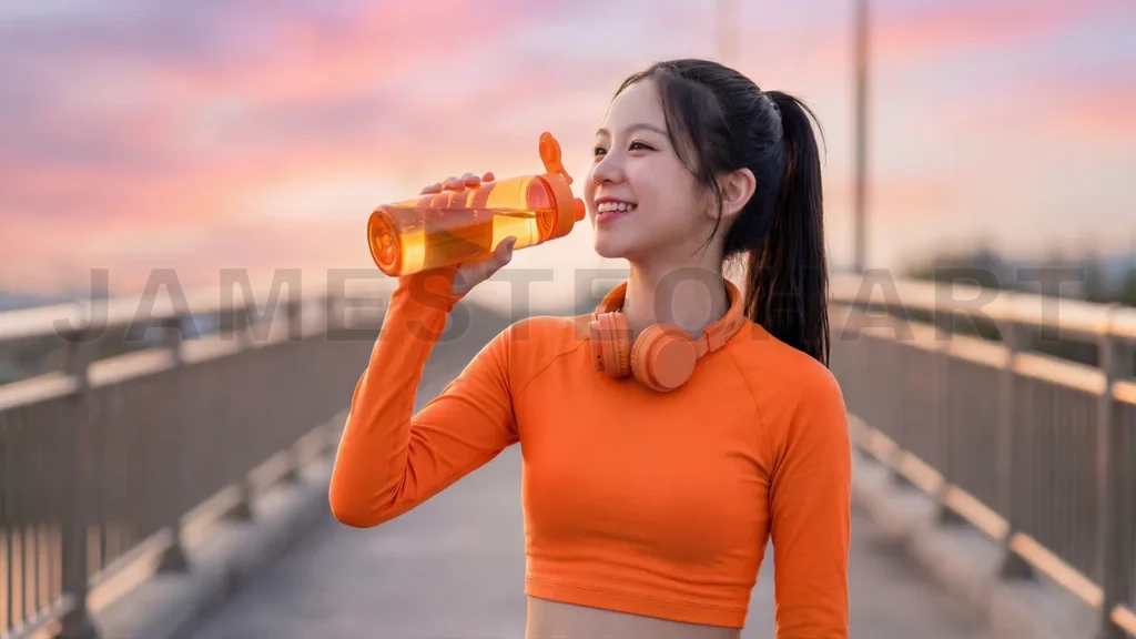 
Active Asian Woman Drinking Water After Exercise