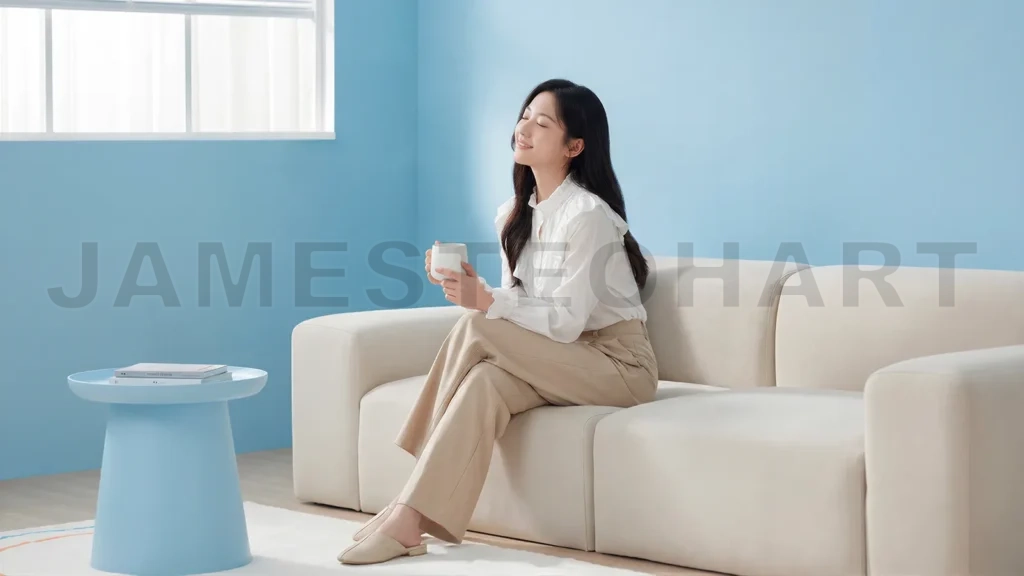 
Relaxed Asian Woman Drinking Coffee on Sofa