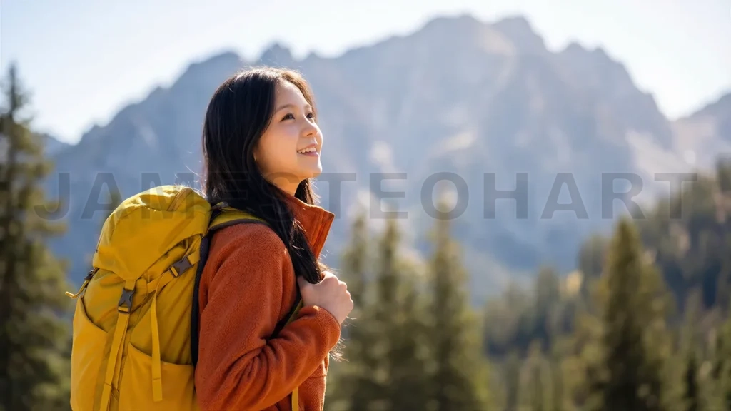 
Asian Woman Hiking Autumn Forest with Backpack