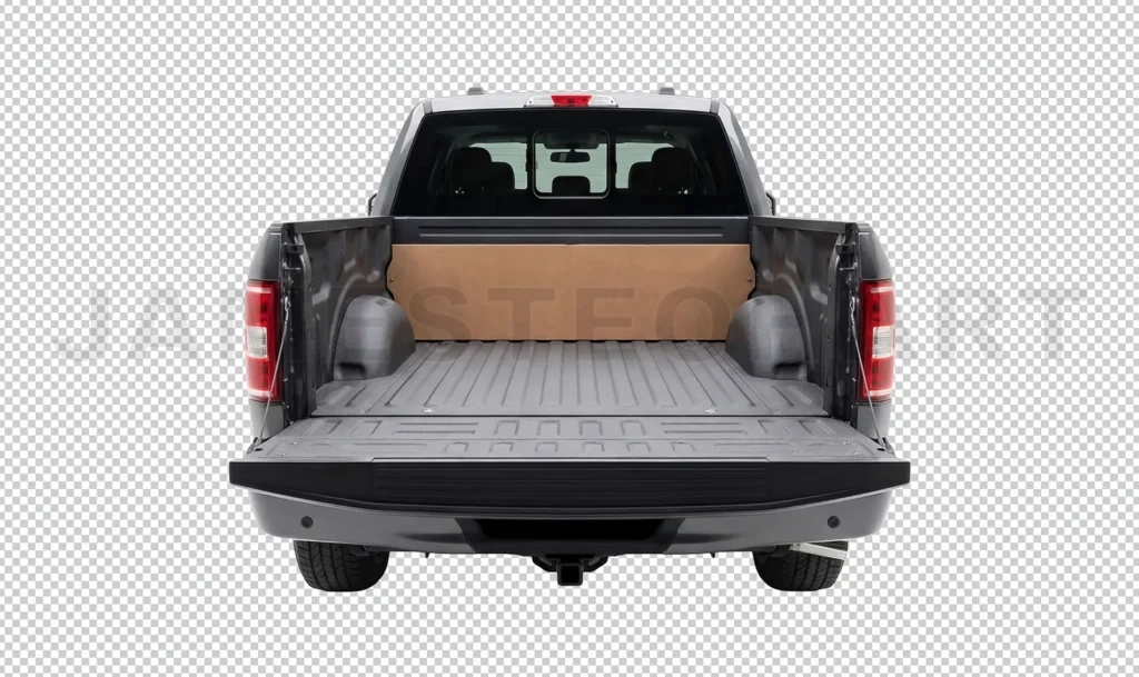 
Pickup truck rear view showing open empty bed with transparent background