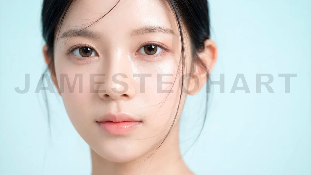 
Asian Woman Blue Background Fresh Beauty Close-Up