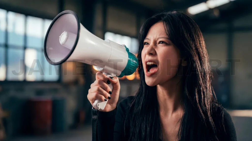
Asian Female Activist Speaking into Megaphone Outdoors
