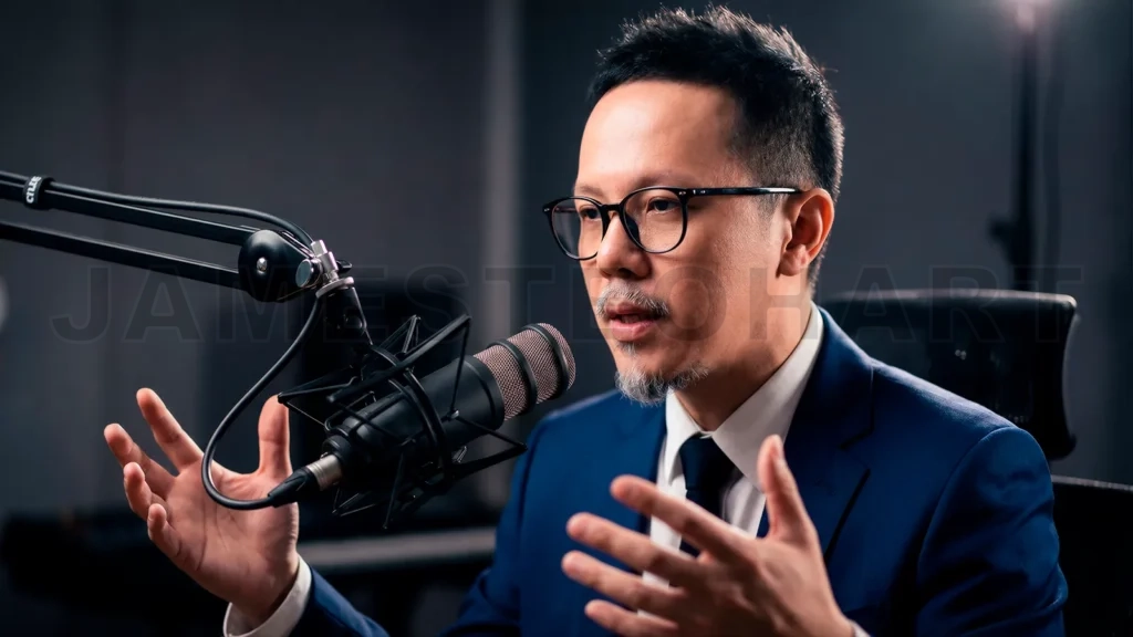 
Asian Businessman Podcast Broadcaster with Microphone