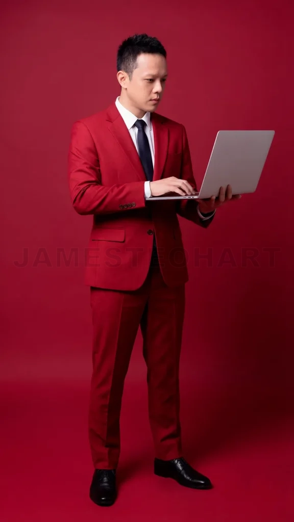 
Asian businessman wearing red suit using laptop