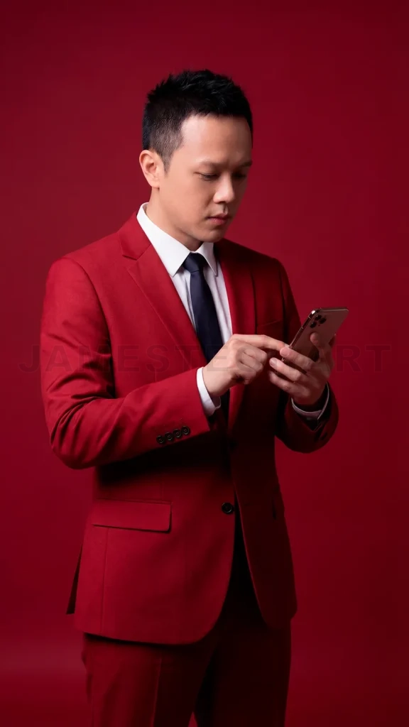 
Asian businessman in red suit typing on smartphone