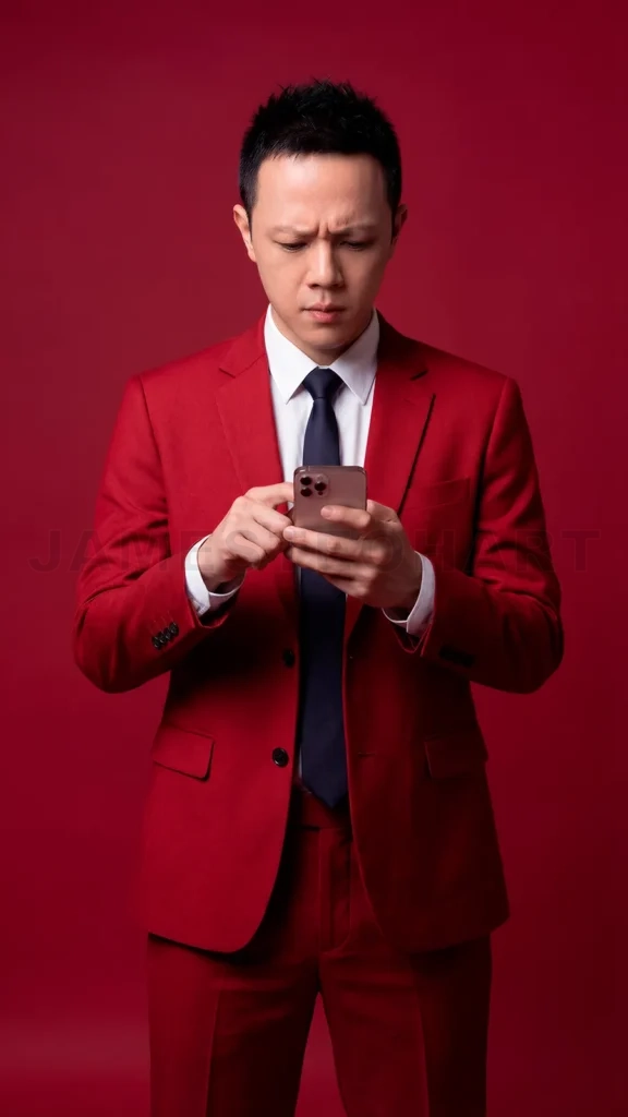
Asian businessman in red suit using smartphone frowning