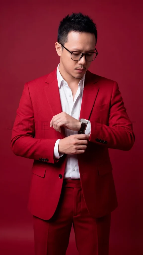 
Stylish man adjusting watch sleeve on red background