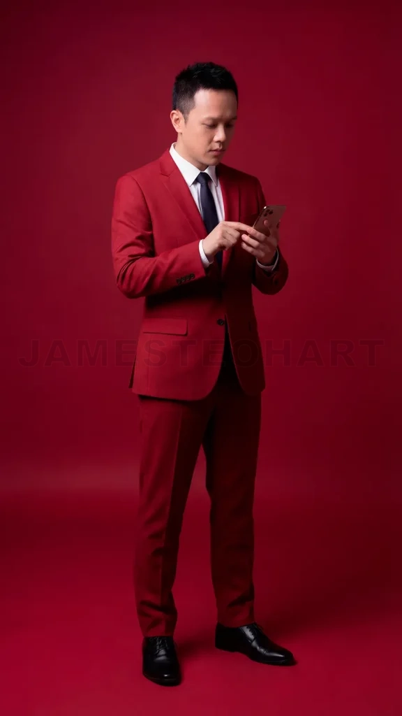 
Asian man in red suit holding smartphone